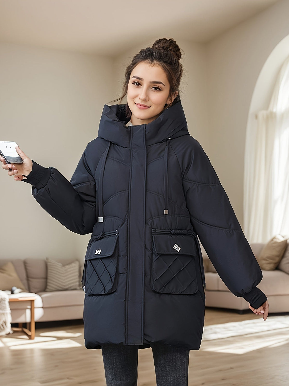 Damen Winterjacke mit Kapuze – Schwarz – Noravolo
