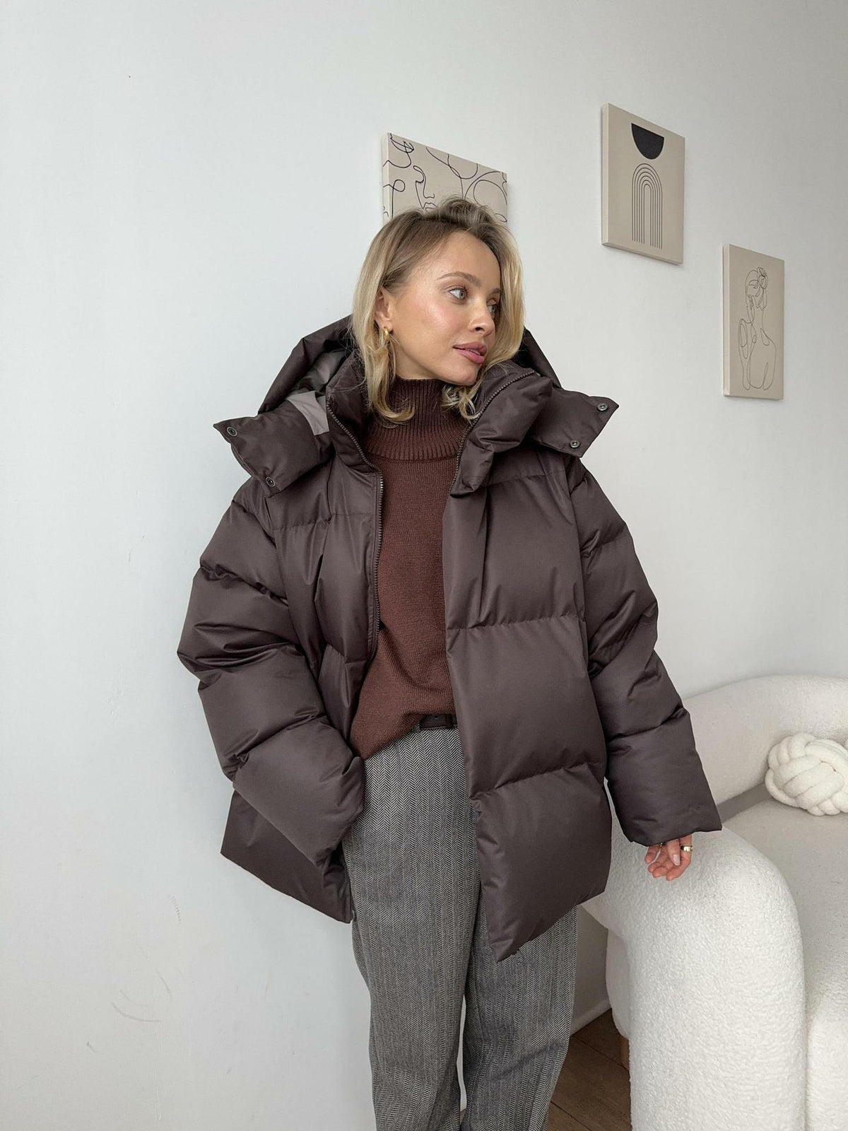 Damen Winterjacke Oversize mit Kapuze – Braun – Noravolo
