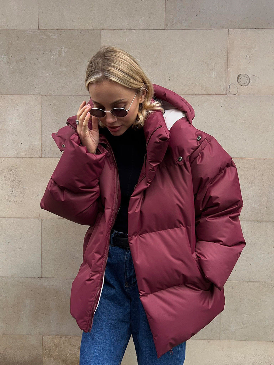 Damen Winterjacke Oversize mit Kapuze – Weinrot – Noravolo