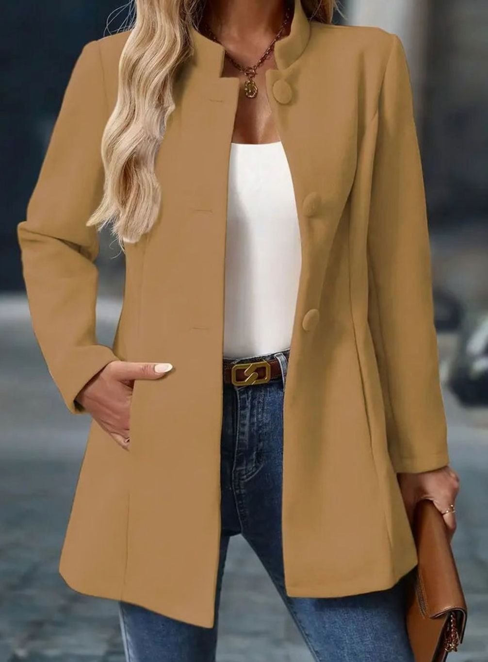 Damen Wintermantel mit Stehkragen – Beige – Noravolo
