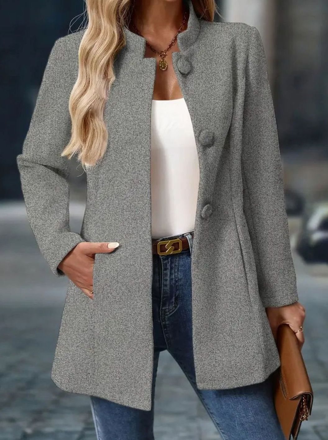 Damen Wintermantel mit Stehkragen – Grau – Noravolo