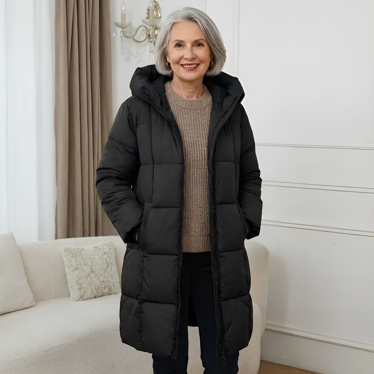 Damen Wintermantel lang – Schwarz – Noravolo