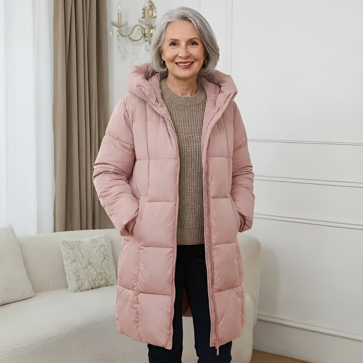 Damen Wintermantel lang – Hellrosa – Noravolo