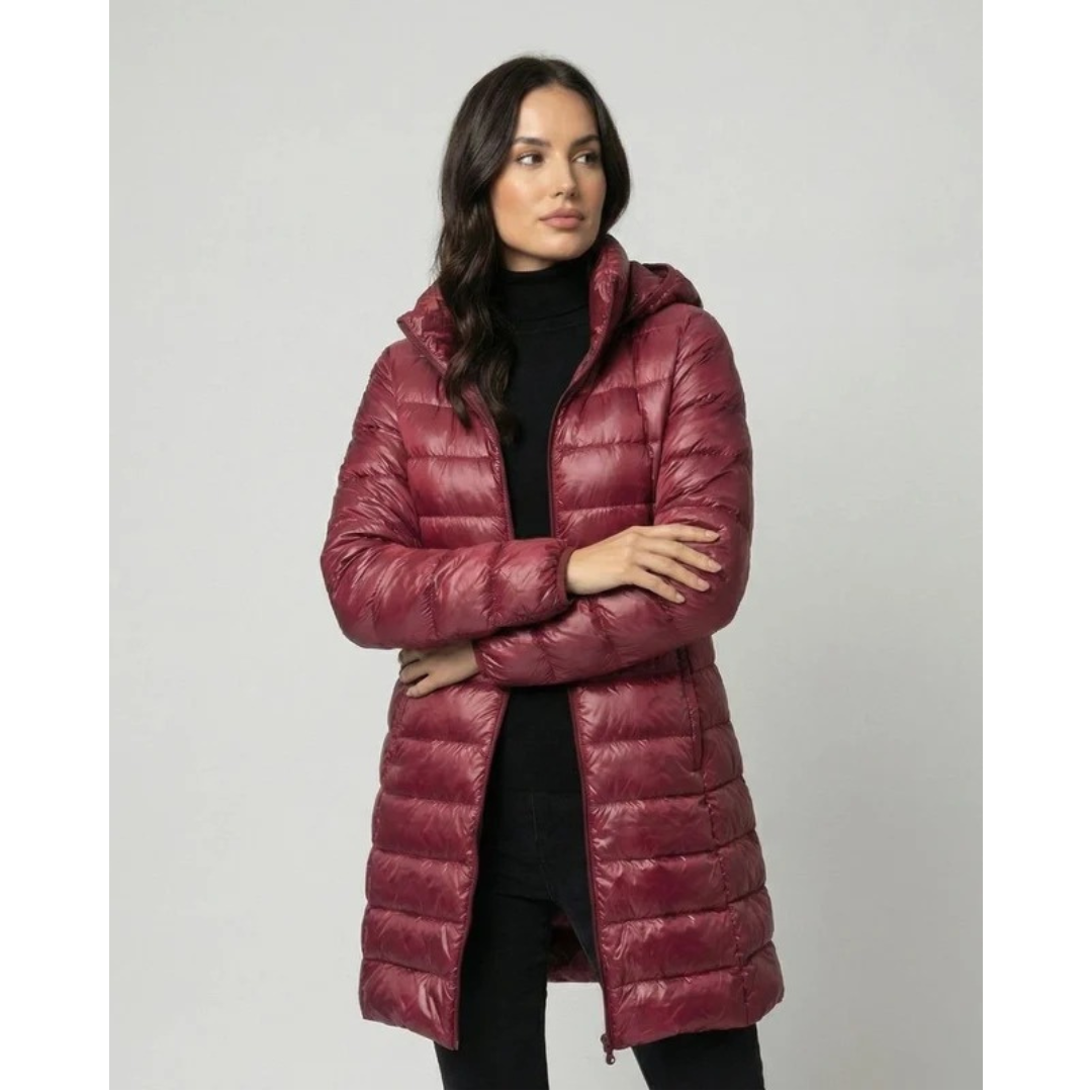 Damen Steppjacke lang – Burgunderrot – Noravolo