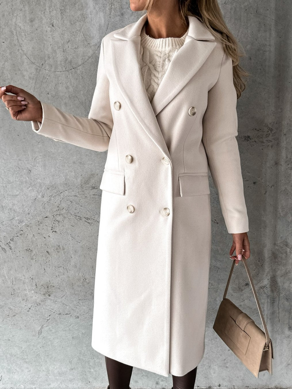 Damen Langer Mantel Zweireiher – Beige – Noravolo