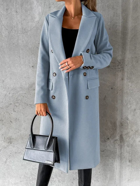 Damen Langer Mantel Zweireiher – Blau – Noravolo