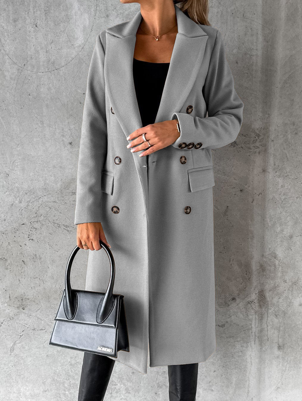 Damen Langer Mantel Zweireiher – Grau – Noravolo