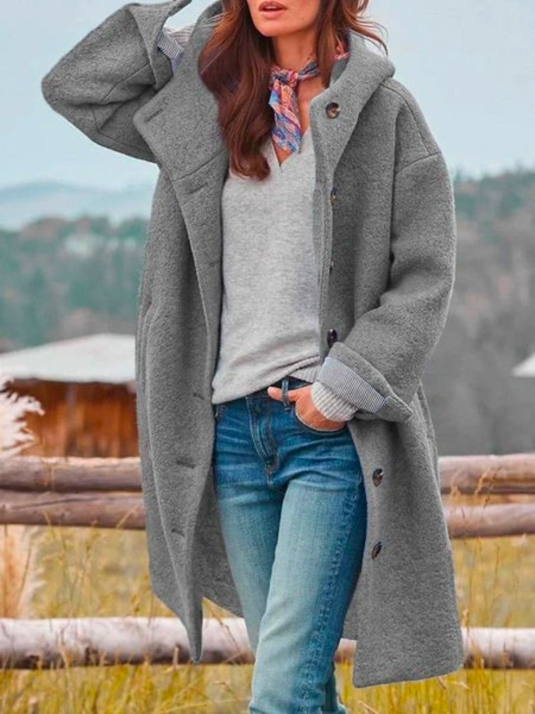 Damen Mantel mit Kapuze – Grau – Noravolo