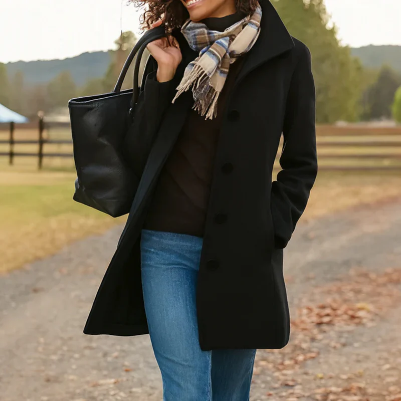 Damen Mantel mit Knopfleiste – Schwarz – Noravolo