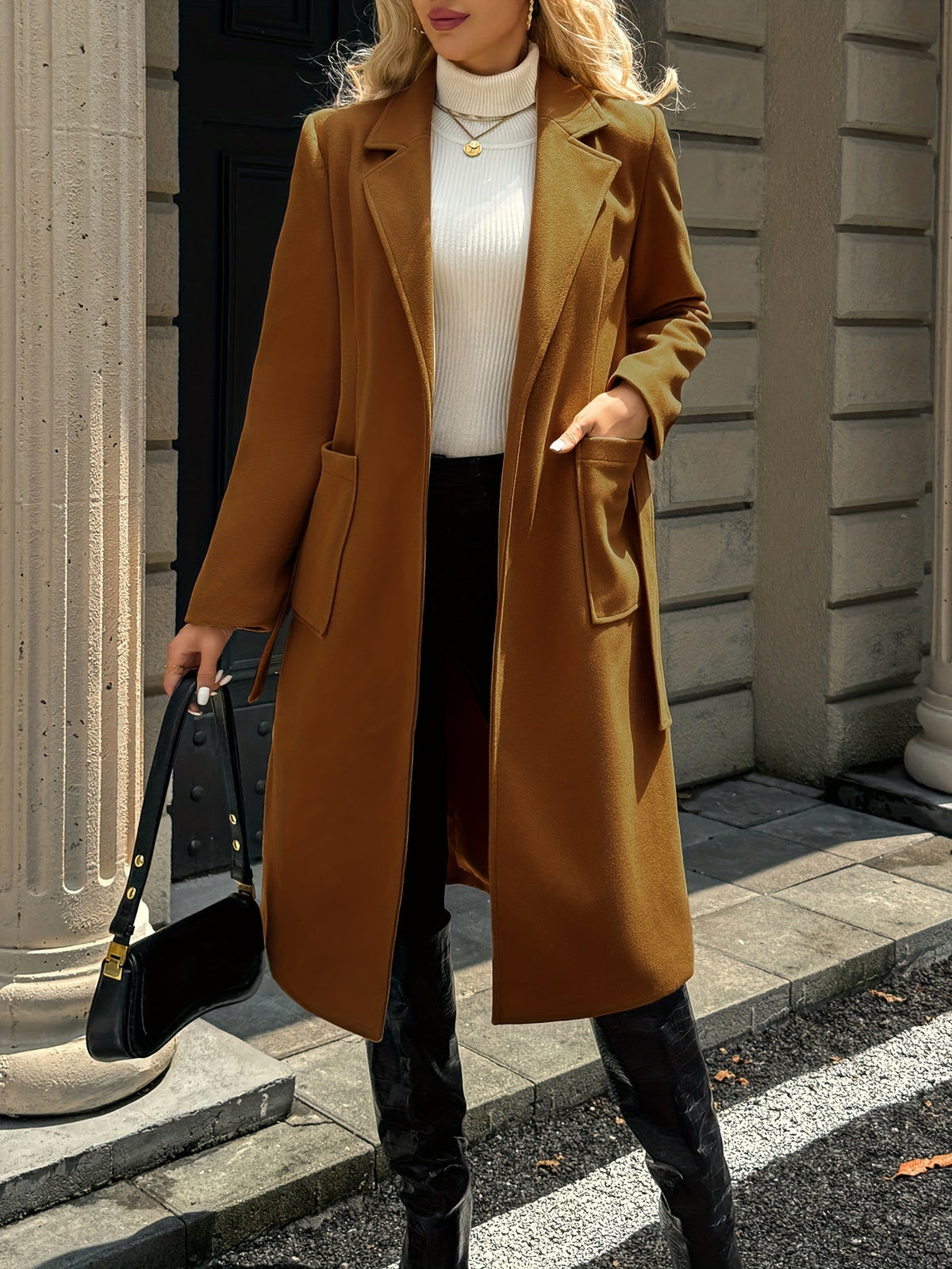 Damen Langer Mantel mit Bindegürtel – Produktfoto – Noravolo