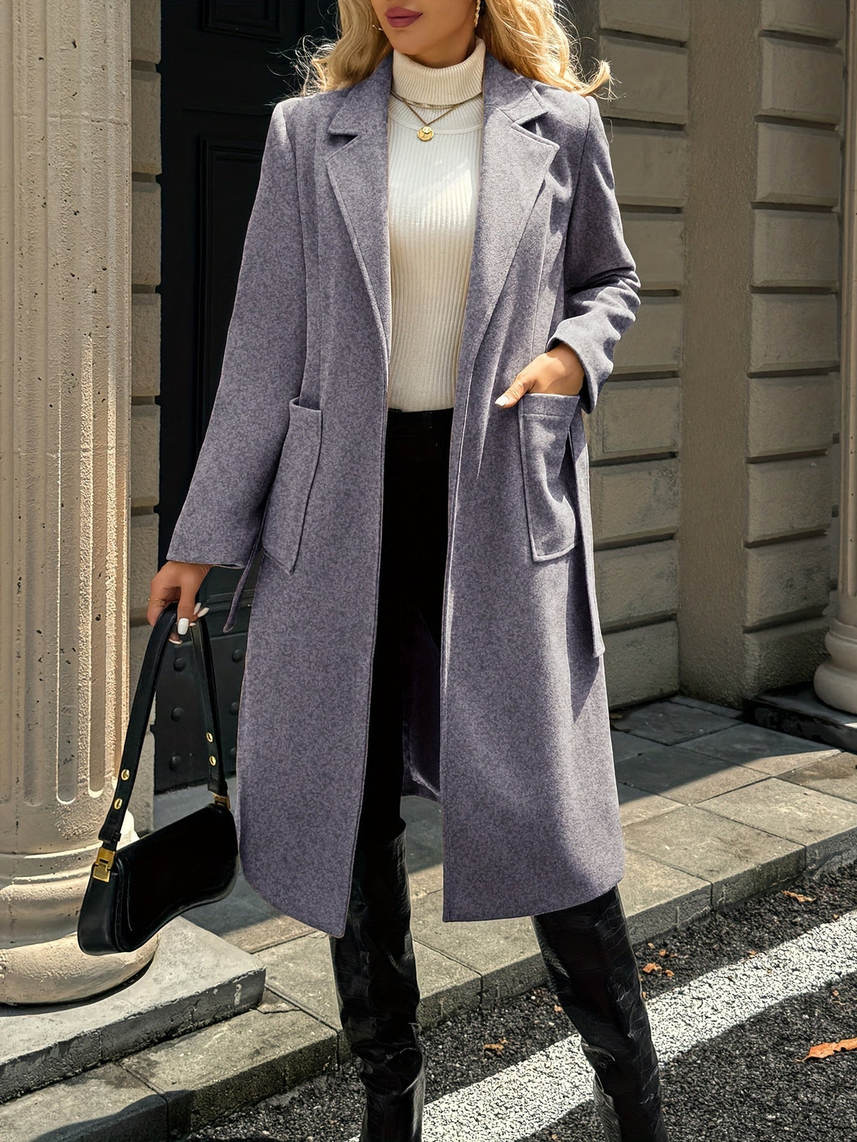 Damen Langer Mantel mit Bindegürtel – Produktfoto – Noravolo