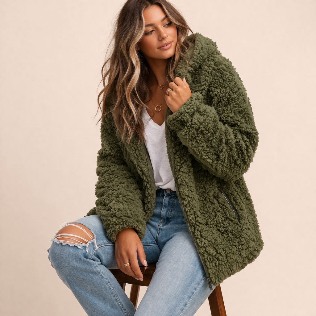 Damen Teddyfleece Wintermantel – Grün – Noravolo
