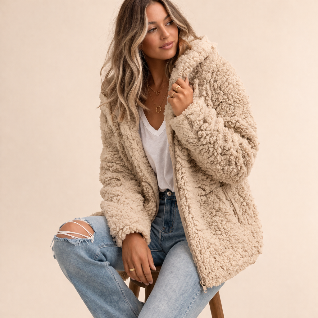 Damen Teddyfleece Wintermantel – Beige – Noravolo