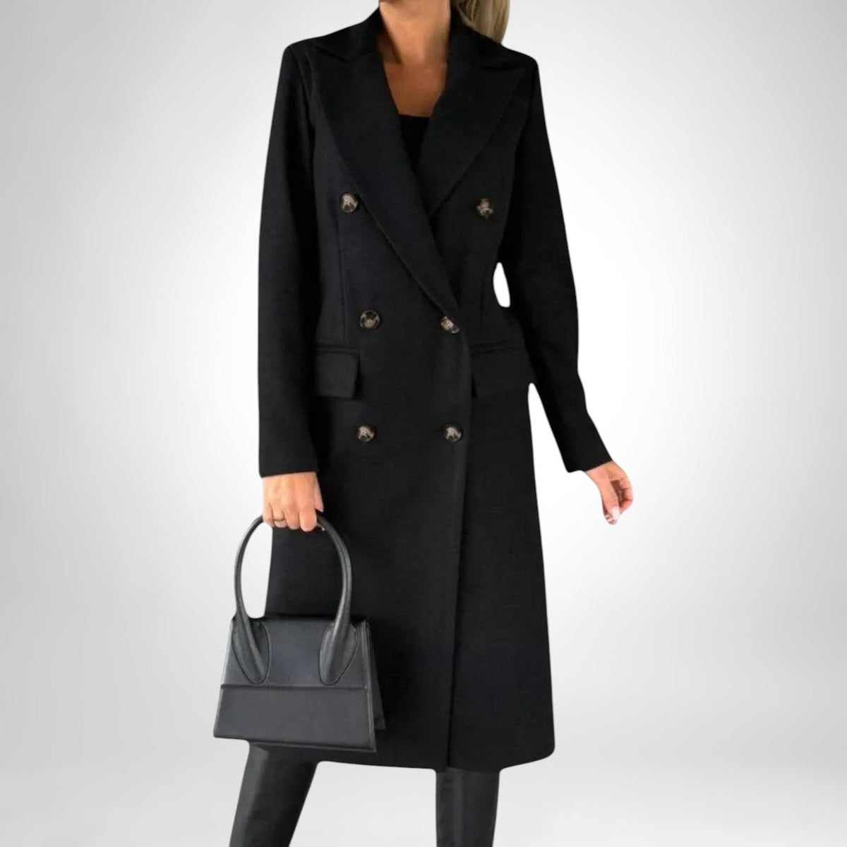 Damen Langer Wintermantel Zweireiher – Schwarz – Noravolo