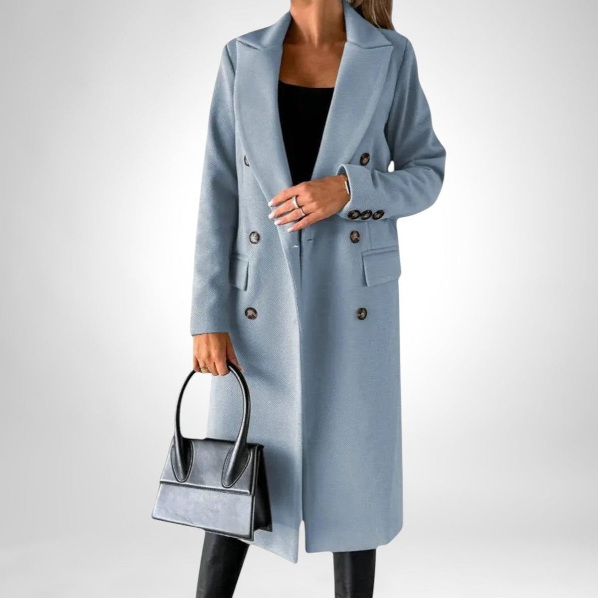 Damen Langer Wintermantel Zweireiher – Hellblau – Noravolo