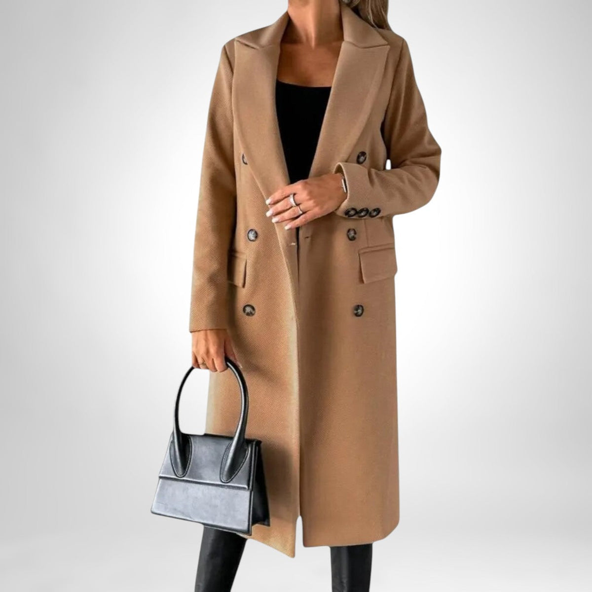 Damen Langer Wintermantel Zweireiher – Braun – Noravolo