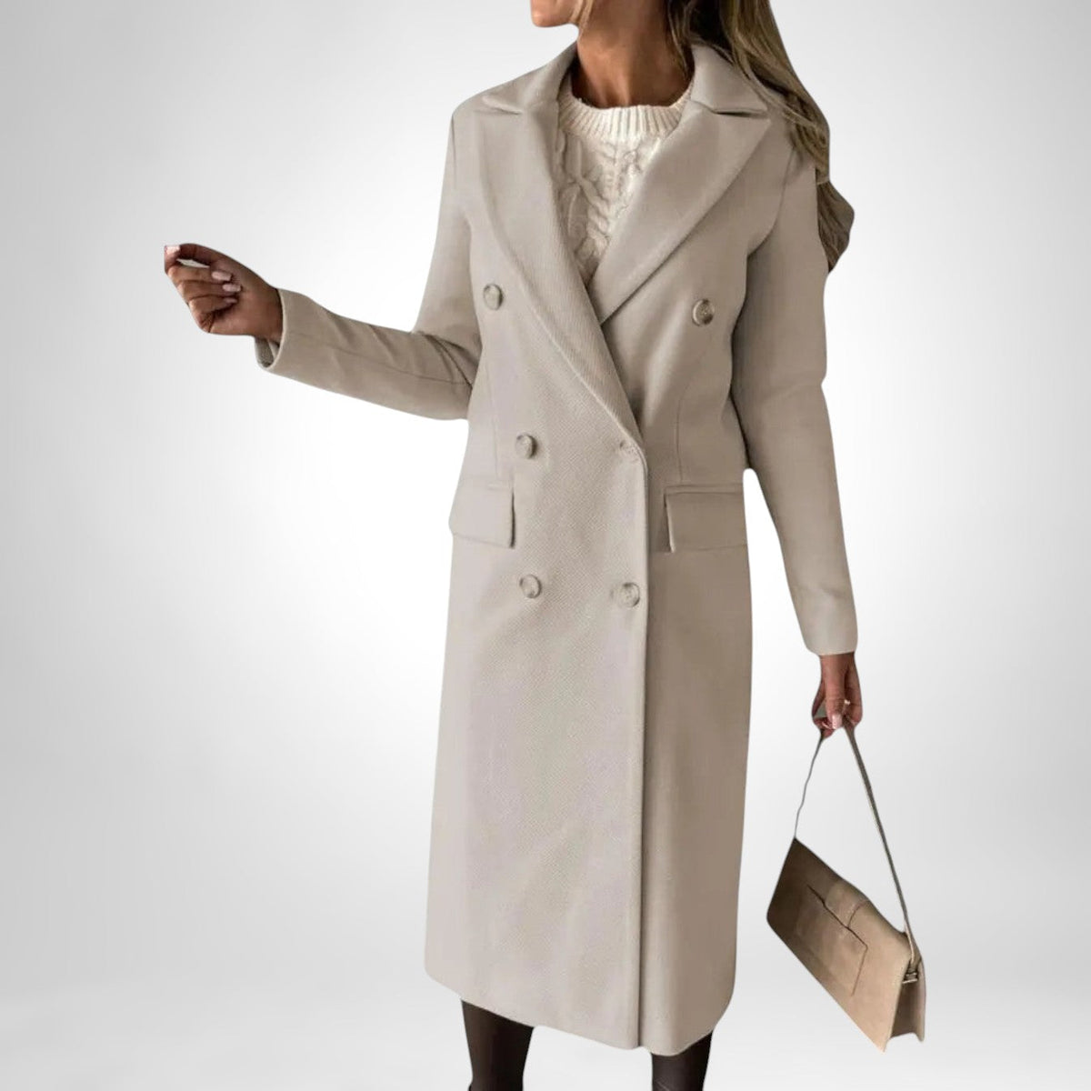 Damen Langer Wintermantel Zweireiher – Beige – Noravolo