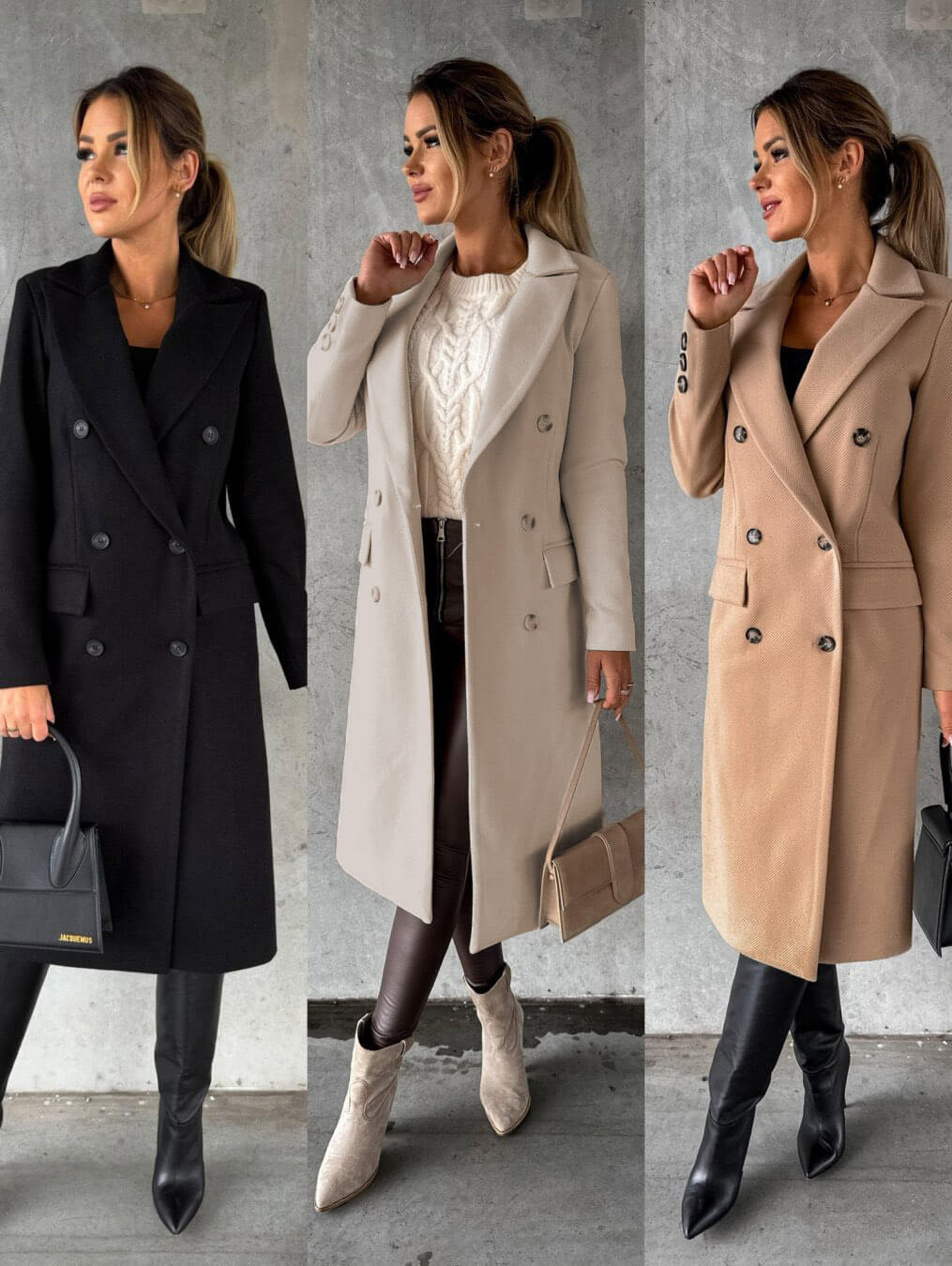 Damen Langer Wintermantel Zweireiher – Produktfoto – Noravolo
