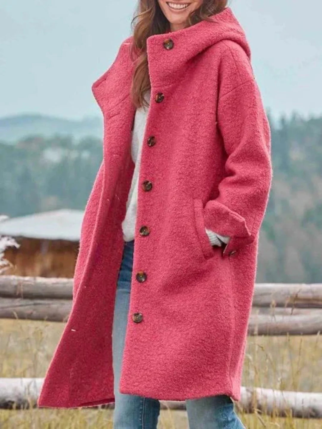 Damen Mantel mit Kapuze – Rosa – Noravolo