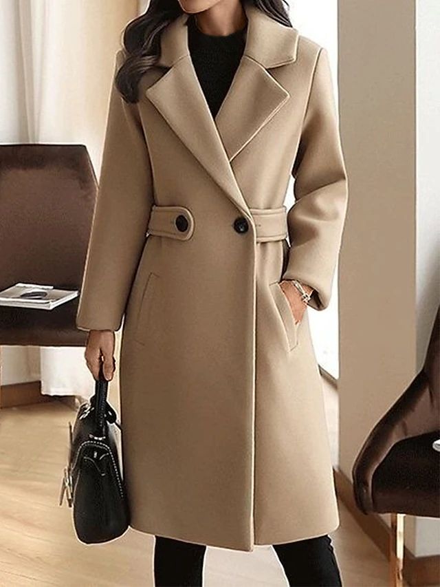 Damen Langer Mantel lockerer Schnitt – Beige – Noravolo