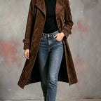 Damen Langmantel in Wildleder-Optik – Dunkelbraun – Noravolo