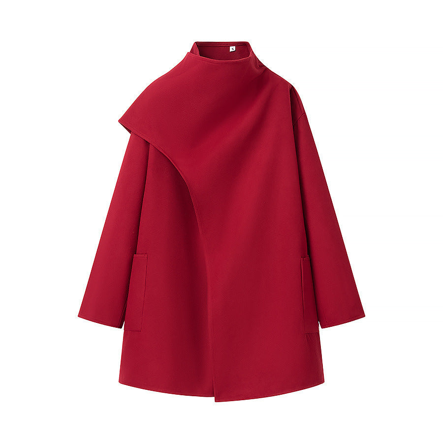 Damen Wintermantel mit asymmetrischem Cape – Rot – Noravolo