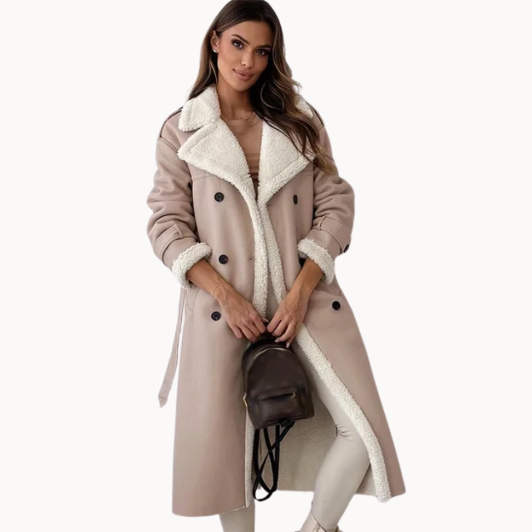 Damen Langer Trenchcoat mit Teddyfutter – Produktfoto – Noravolo
